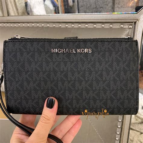 michael kors jet set lg dbl gsset wristlet leather black|Michael Kors wristlet.